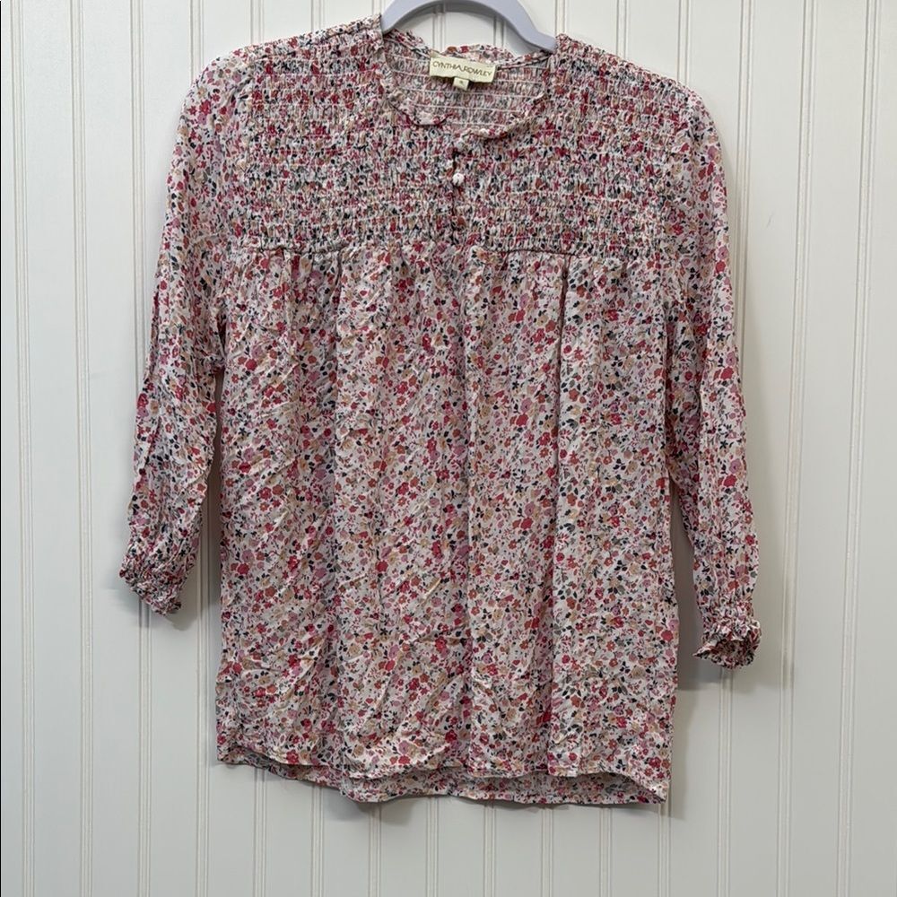 Cynthia Rowley Dainty Floral Print Women's Ruched Top  3/4 Sleeves